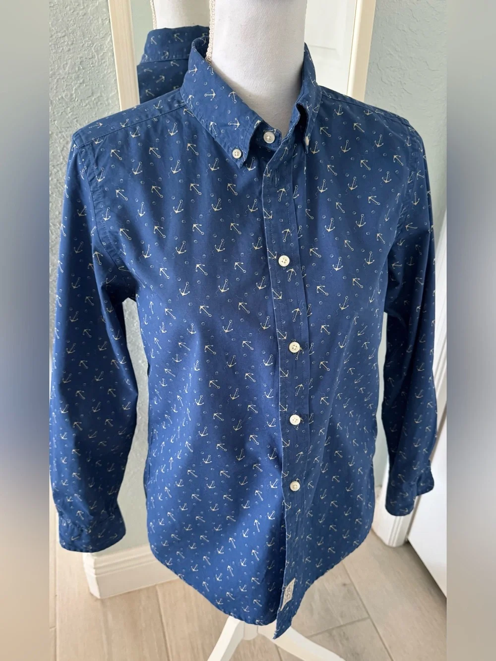 Ralph Lauren Blue Anchor Print Button Down Shirt Boys L 14-16 Women XS S